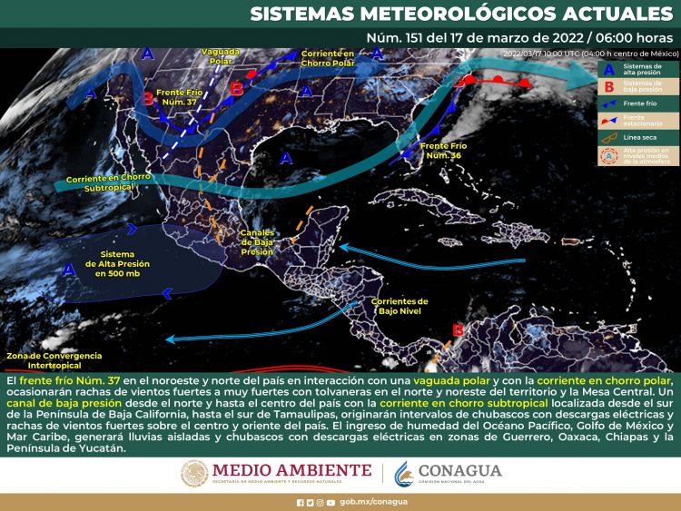 El frente frío 37 provocará vientos fuertes en el norte y noreste del