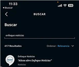 Buscador de la app de Alexa con “enfoque noticias” escrito y la skill entre los resultados.