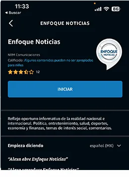 Ficha de la skill Enfoque Noticias en la app de Alexa con el botón “Iniciar”.