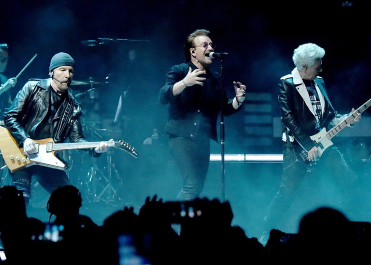 NEW YORK, NY - JULY 01:  Larry Mullen Jr., The Edge, Bono and Adam Clayton of U2 perform on stage during the "eXPERIENCE & iNNOCENCE" tour at Madison Square Garden on July 1, 2018 in New York City.  (Photo by Kevin Mazur/Getty Images for NLM)
