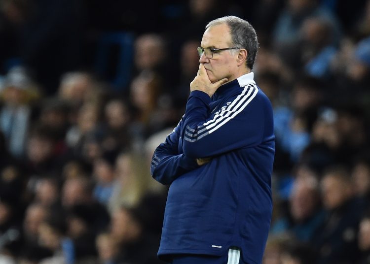 Manchester (United Kingdom), 14/12/2021.- Leeds United manager Marcelo Bielsa looks on during the English Premier League soccer match between Manchester City and Leeds United in Manchester, Britain, 14 December 2021. (Reino Unido) EFE/EPA/Peter Powell EDITORIAL USE ONLY. No use with unauthorized audio, video, data, fixture lists, club/league logos or 'live' services. Online in-match use limited to 120 images, no video emulation. No use in betting, games or single club/league/player publications
