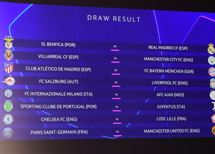 Nyon (Switzerland), 13/12/2021.- A handout photo made available by UEFA shows the Round of 16 fixtures for the UEFA Champions League following the draw at the UEFA headquarters in Nyon, Switzerland, 13 December 2021. (Liga de Campeones, Suiza) EFE/EPA/Richard Juilliart / UEFA HANDOUT HANDOUT EDITORIAL USE ONLY/NO SALES