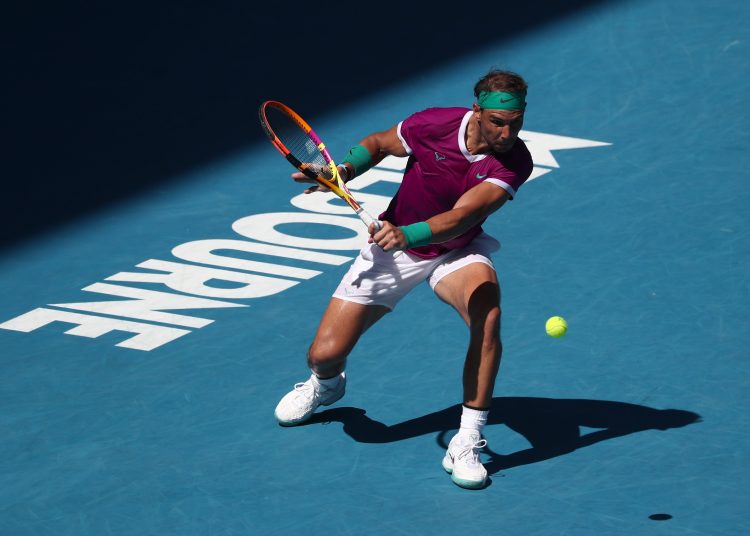Melbourne (Australia), 23/01/2022.- Rafael Nadal of Spain in action against Adrian Mannarino of France during the fourth round match at the Australian Open Grand Slam tennis tournament in Melbourne, Australia, 23 January 2022. (Tenis, Abierto, Francia, España) EFE/EPA/JASON O'BRIEN