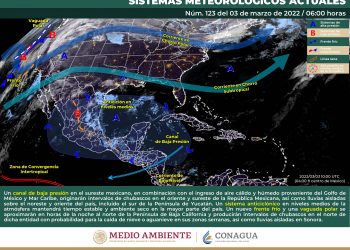 Canal de baja presión originará lluvias en el oriente y sureste del territorio nacional