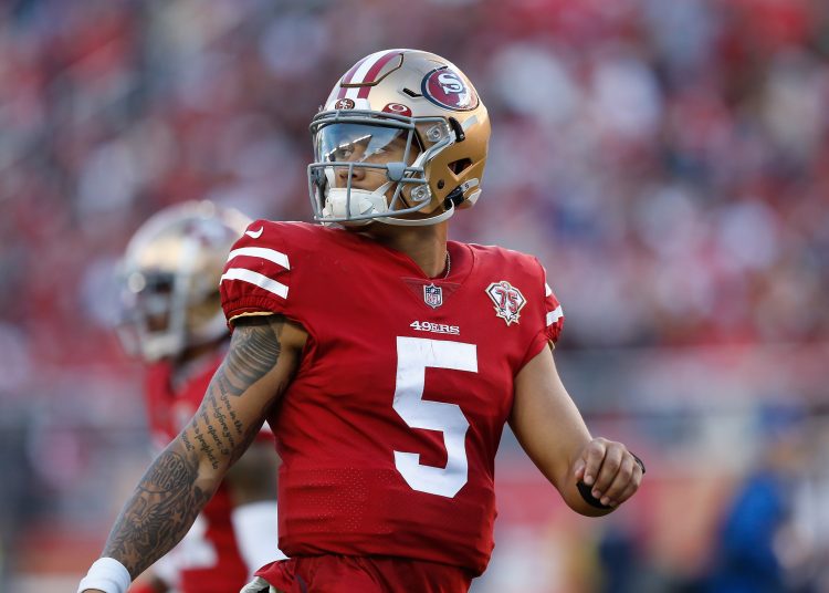 SANTA CLARA, CALIFORNIA - JANUARY 02: Trey Lance #5 of the San Francisco 49ers looks on in the fourth quarter against the Houston Texans at Levi's Stadium on January 02, 2022 in Santa Clara, California. (Photo by Lachlan Cunningham/Getty Images)