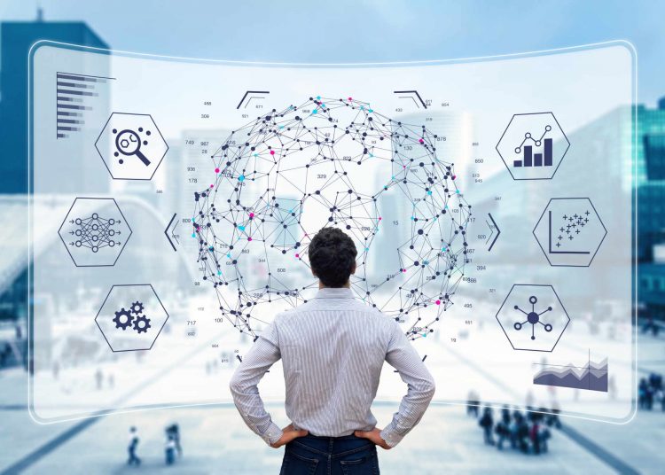 Big data analytics visualization technology with scientist analyzing information structure on screen with machine learning to extract strategical prediction for business, finance, internet of things