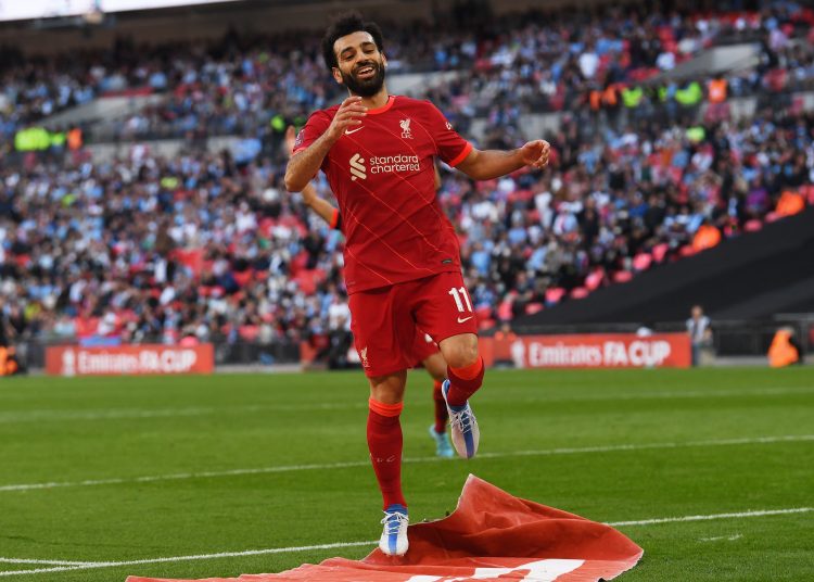 London (United Kingdom), 16/04/2022.- Mohamed Salah of Liverpool reacts after missing an opportunity to score during the English FA Cup semi final match between Manchester City and Liverpool FC in London, Britain, 16 April 2022. (Reino Unido, Londres) EFE/EPA/NEIL HALL EDITORIAL USE ONLY. No use with unauthorized audio, video, data, fixture lists, club/league logos or 'live' services. Online in-match use limited to 120 images, no video emulation. No use in betting, games or single club/league/player publications