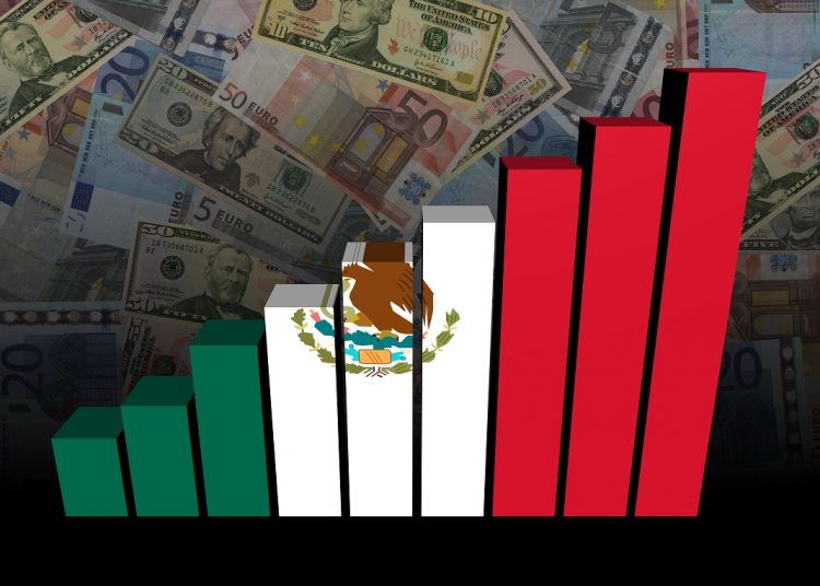 Mexican flag bar chart over dollars and Euros background illustration