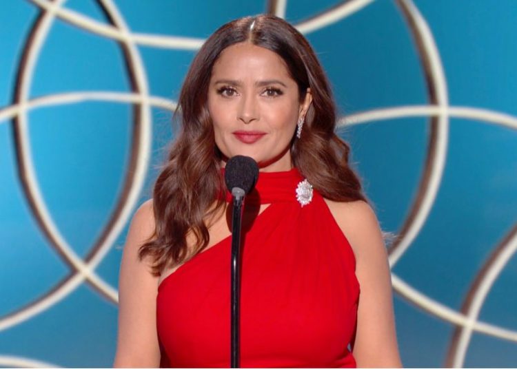 UNSPECIFIED: 78th Annual GOLDEN GLOBE AWARDS -- Pictured in this screengrab released on February 28, (l-r) Salma Hayek speaks onstage at the 78th Annual Golden Globe Awards broadcast on February 28, 2021. --  (Photo by NBC/NBCU Photo Bank via Getty Images)