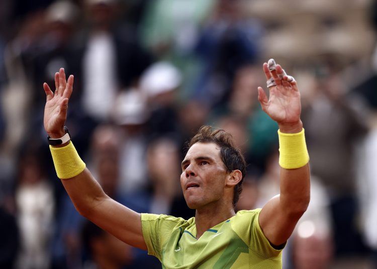 Paris (France), 29/05/2022.- Rafael Nadal of Spain reacts after winning against Felix Auger-Aliassime of Canada in their menís fourth round match during the French Open tennis tournament at Roland ?Garros in Paris, France, 29 May 2022. (Tenis, Abierto, Francia, España) EFE/EPA/YOAN VALAT