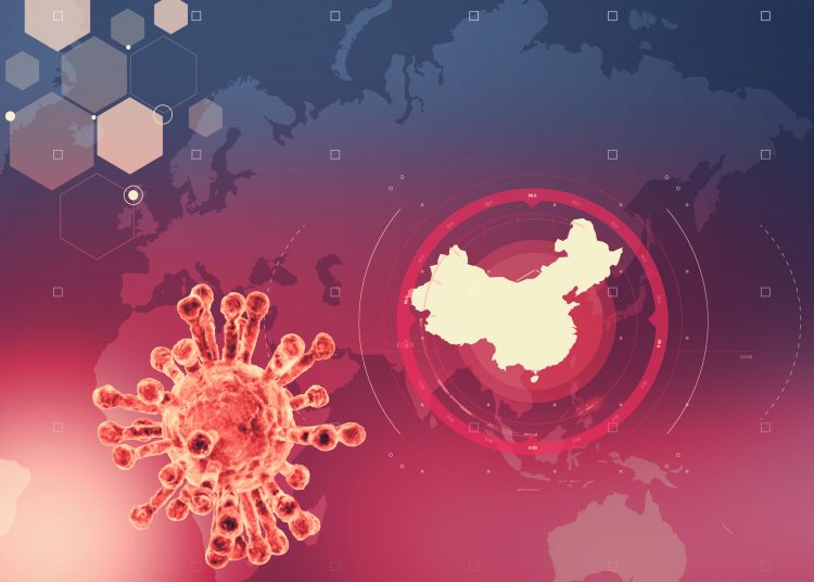 Microscopic view of Coronavirus, a pathogen that attacks the respiratory tract. Analysis and test, experimentation. Sars. Contagion, propagation. Flu. Infectious disease. World map with China highlighted. 3d render