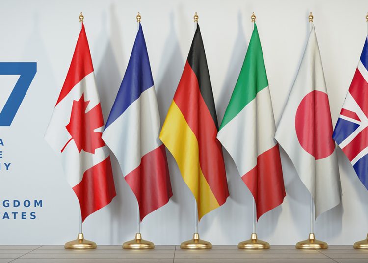 G7 summit or meeting concept. Row from flags of members of G7 group of seven and list of countries, 3d illustration