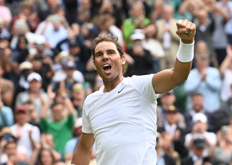 Wimbledon (United Kingdom), 28/06/2022.- Rafael Nadal of Spain celebrates after winning the men's first round match against Francisco Cerundolo of Argentina at the Wimbledon Championships, in Wimbledon, Britain, 28 June 2022. (Tenis, España, Reino Unido) EFE/EPA/ANDY RAIN EDITORIAL USE ONLY