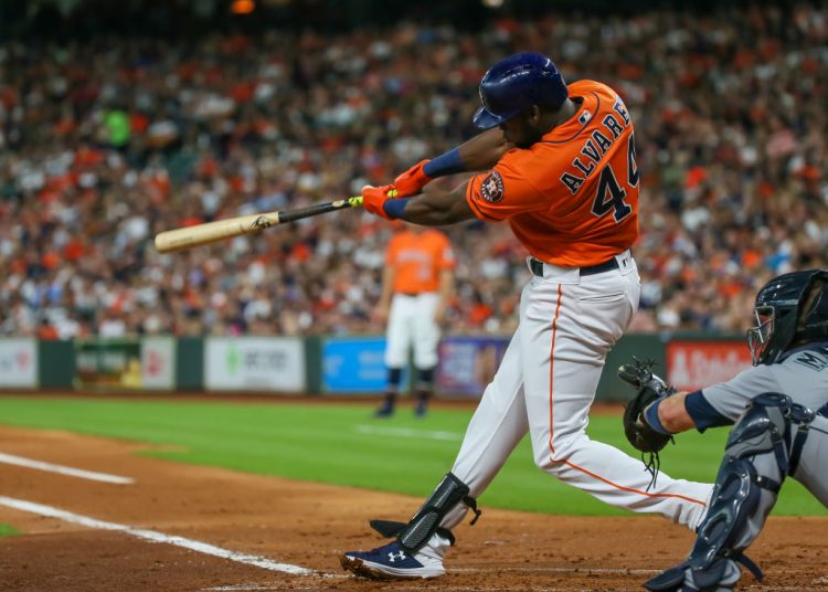 HOUSTON, TX - AUGUST 02:  Houston Astros designated hitter Yordan Alvarez (44) hits a home run in the bottom of the second inning during the baseball game between the Seattle Mariners and Houston Astros on August 2, 2019 at Minute Maid Park in Houston, Texas.  (Photo by Leslie Plaza Johnson/Icon Sportswire via Getty Images)