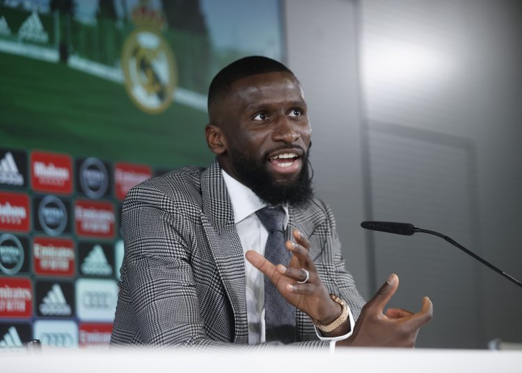 MADRID, 20/06/2022.- El defensa alemán Antonio Rüdiger durante su presentación como nuevo jugador del Real Madrid, este lunes. EFE/Emilio Naranjo