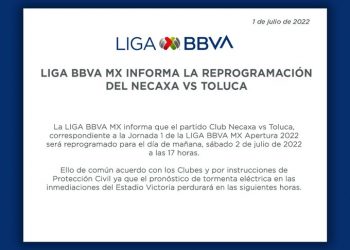Por lluvia y tormenta eléctrica se reprograma el Necaxa-Toluca de la J1 del Apertura 2022