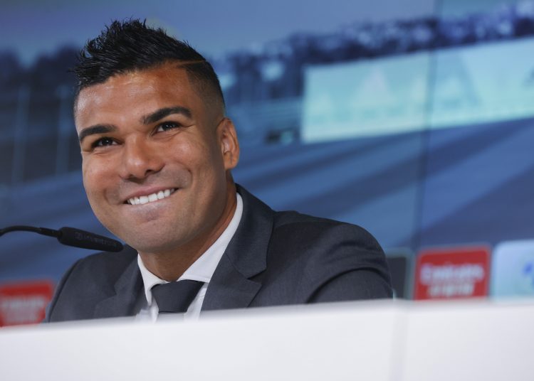 MADRID, 22/08/2022.- El centrocampista brasileño del Real Madrid Carlos Henrique 'Casemiro' durante la rueda de prensa con motivo de su despedida este lunes en la Ciudad Deportiva de Valdebebas, Madrid. EFE/ Juan Carlos Hidalgo