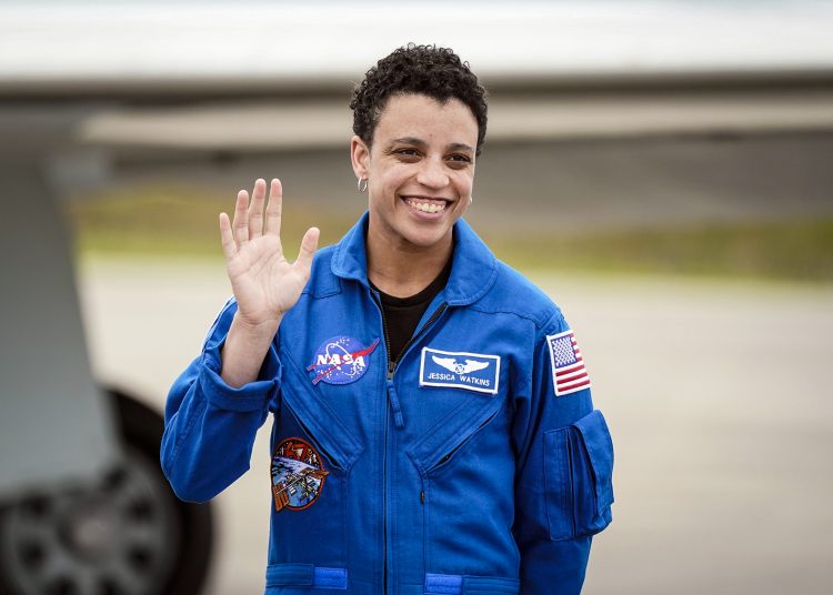 NASA astronaut, mission specialist, Jessica Watkins waves as she arrives with "Crew4" astronauts at the Kennedy Space Center in Cape Canaveral, Fla., Monday, April 18, 2022. Their launch to the International Space Station is scheduled for Saturday, April 23. (AP Photo/John Raoux)