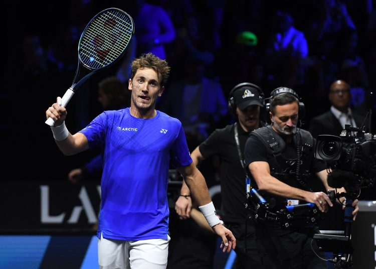 London (United Kingdom), 23/09/2022.- Casper Ruud of Team Europe celebrates his win over Jack Sock of Team World during a Laver Cup tennis tournament at the O2 Arena in London, Britain, 23 September 2022. (Tenis, Reino Unido, Londres) EFE/EPA/ANDY RAIN