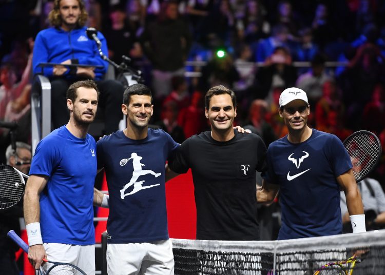 London (United Kingdom), 22/09/2022.- (L-R) Britain's Andy Murray, Serbia's Novak Djokovic, Switzerland's Roger Federer and Spain's Rafael Nadal pose for photographs during a practice session of team Europe in London, Britain, 22 September 2022, ahead of the Laver Cup tennis tournament starting on 23 September. (Tenis, España, Suiza, Reino Unido, Londres) EFE/EPA/ANDY RAIN