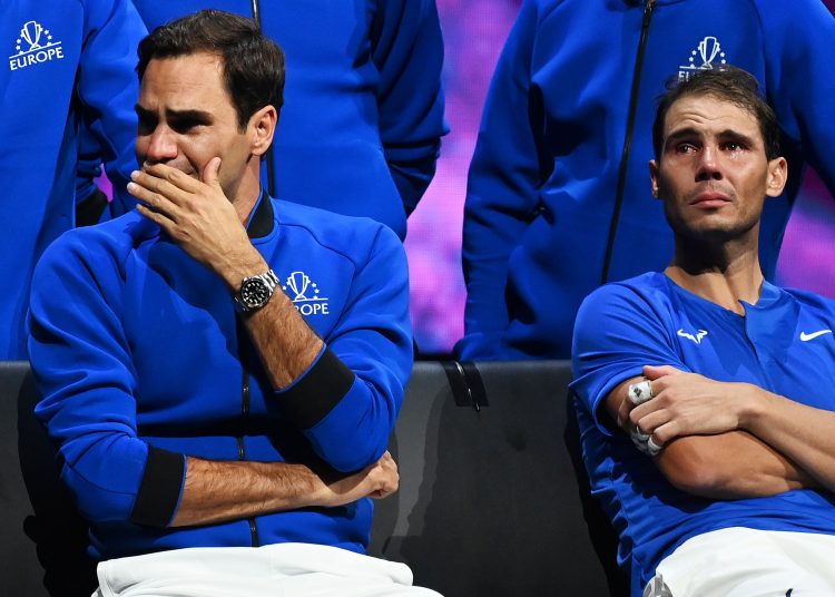 London (United Kingdom), 23/09/2022.- Team Europe player Roger Federer (L) of Switzerland sitting next to doubles partner Rafael Nadal of Spain after losing their match against Team World double Jack Sock of the US and Frances Tiafoe of the US on the first day of the Laver Cup tennis tournament in London, Britain, 23 September 2022. The match was Federer's last game before retirement. (Tenis, Francia, España, Suiza, Reino Unido, Londres) EFE/EPA/ANDY RAIN