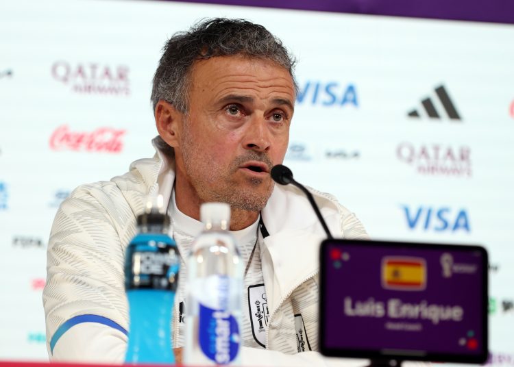 Doha (Qatar), 26/11/2022.- Spain national team head coach Luis Enrique during a press conference at the Qatar National Convention Center (QNCC) in Doha, Qatar, 26 November 2022. Spain will face Germany in the FIFA World Cup 2022 on 27 November. (Mundial de Fútbol, Alemania, España, Catar) EFE/EPA/ABEDIN TAHERKENAREH