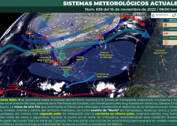 El frente no. 9 y su masa de aire frío originarán lluvias puntuales muy fuertes en estos estados
