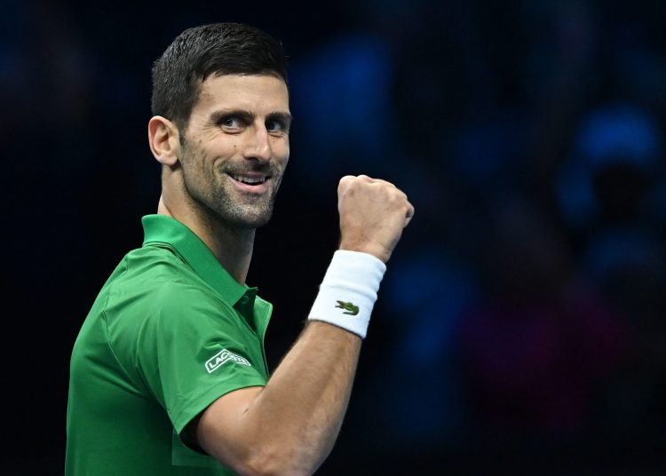 Turin (Italy), 14/11/2022.- Novak Djokovic of Serbia reacts during his group match against Stefanos Tsitsipas of Greece at the Nitto ATP Finals 2022 tennis tournament at the Pala Alpitour arena in Turin, Italy, 14 November 2022. (Tenis, Grecia, Italia) EFE/EPA/Alessandro Di Marco