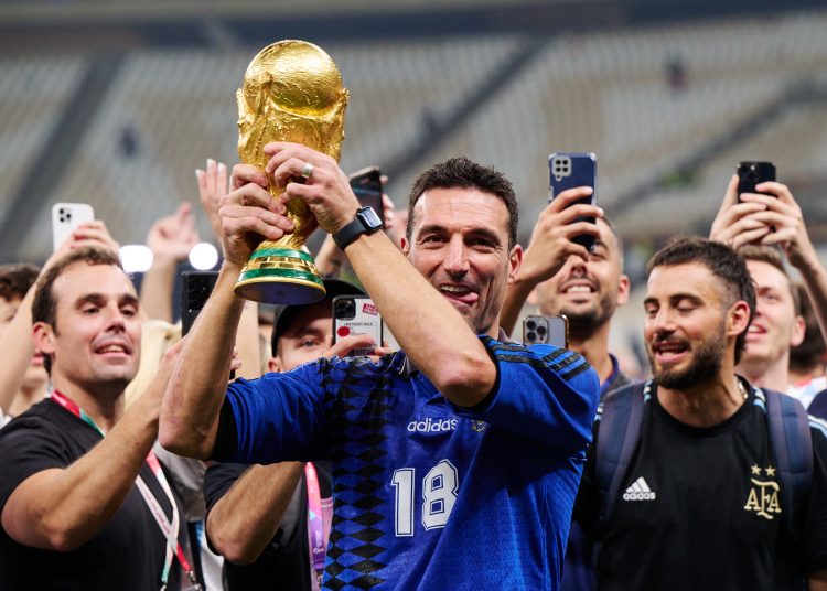 Lionel Scaloni lifts the Champions Trophy of Argentina the game Argentina vs France, corresponding to the great final of the FIFA World Cup Qatar 2022, at Lusail Stadium, Lusail, Doha, on December 18, 2022.



Lionel Scaloni Director Tecncio levanta el Trofeo de campeon de Argentina despues del partido Argentina vs Francia, correspondiente a la gran final de la Copa Mundial de la FIFA Catar 2022, en el Estadio Lusail, Lusail, Doha, el 18 de Diciembre de 2022