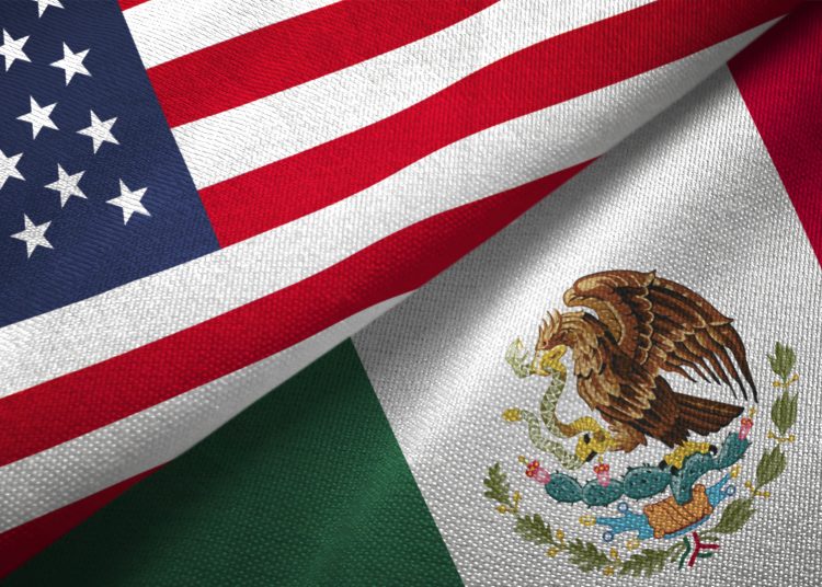Mexico and United States flags together realtions textile cloth fabric texture
