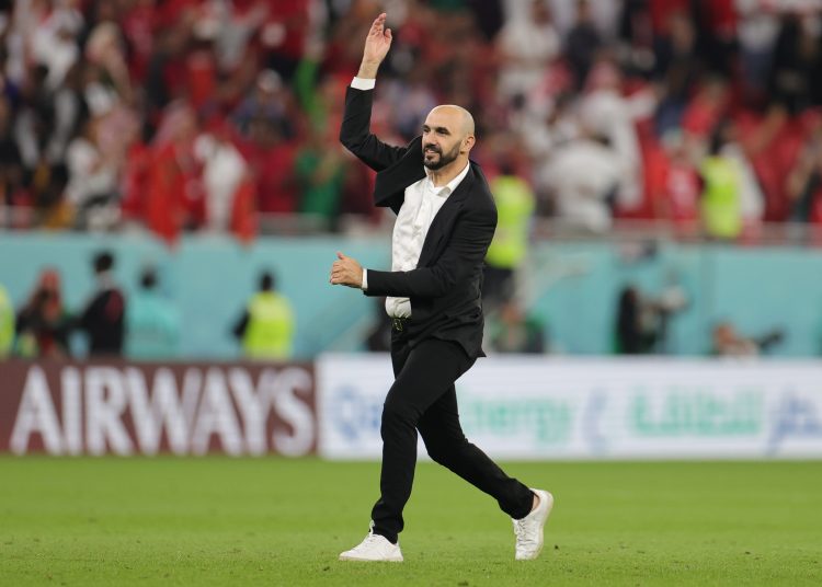 Doha (Qatar), 10/12/2022.- Head coach Walid Regragui of Morocco reacts after the FIFA World Cup 2022 quarter final soccer match between Morocco and Portugal at Al Thumama Stadium in Doha, Qatar, 10 December 2022. (Mundial de Fútbol, Marruecos, Catar) EFE/EPA/Friedemann Vogel