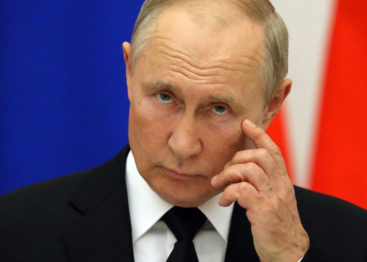 MOSCOW, RUSSIA - SEPTEMBER 09: (RUSSIA OUT) Russian President Vladimir Putin seen during a joint press conference at the Kremlin on September 9, 2021 in Moscow, Russia. President of Belarus Alexander Lukashenko is having a one-day visit to Russia. (Photo by Mikhail Svetlov/Getty Images)