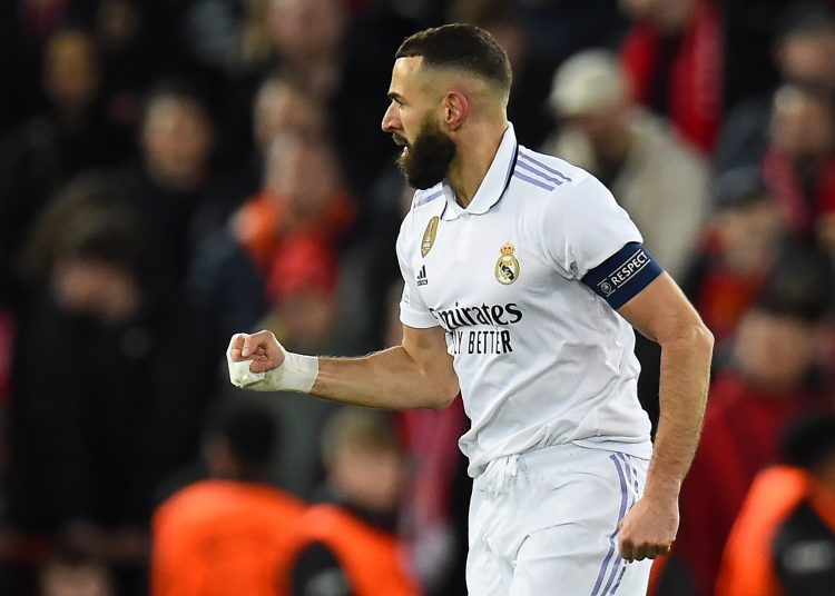 Liverpool (United Kingdom), 21/02/2023.- Karim Benzema of Real Madrid celebrates after scoring his team's 4th goal during the UEFA Champions League, Round of 16, 1st leg match between Liverpool FC and Real Madrid in Liverpool, Britain, 21 February 2023. (Liga de Campeones, Reino Unido) EFE/EPA/Peter Powell