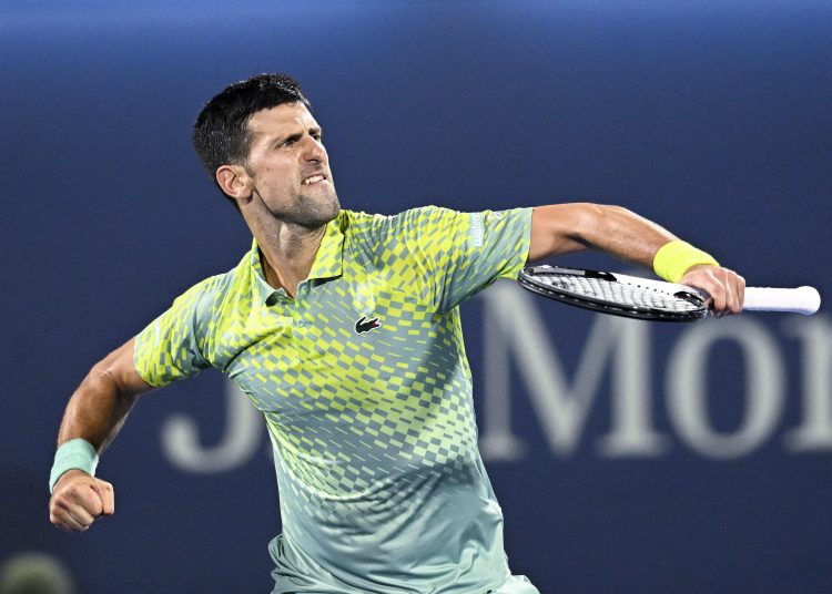 Dubai (United Arab Emirates), 28/02/2023.- Novak Djokovic of Serbia celebrates winning his round of 32 match against Tomas Machac of Czech Republic at the Dubai Duty Free Tennis ATP Championships 2023 in Dubai, United Arab Emirates, 28 February 2023. (Tenis, República Checa, Emiratos Árabes Unidos) EFE/EPA/Yoshua Arias