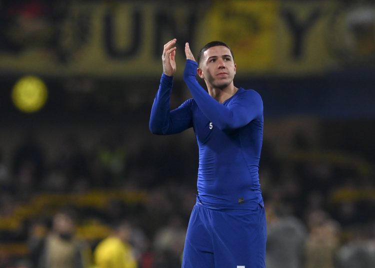 London (United Kingdom), 07/03/2023.- Chelsea's Enzo Fernandez celebrates after winning the UEFA Champions League, Round of 16, 2nd leg match between Chelsea FC vs Borussia Dortmund in London, Britain, 07 March 2023. (Liga de Campeones, Rusia, Reino Unido, Londres) EFE/EPA/Neil Hall