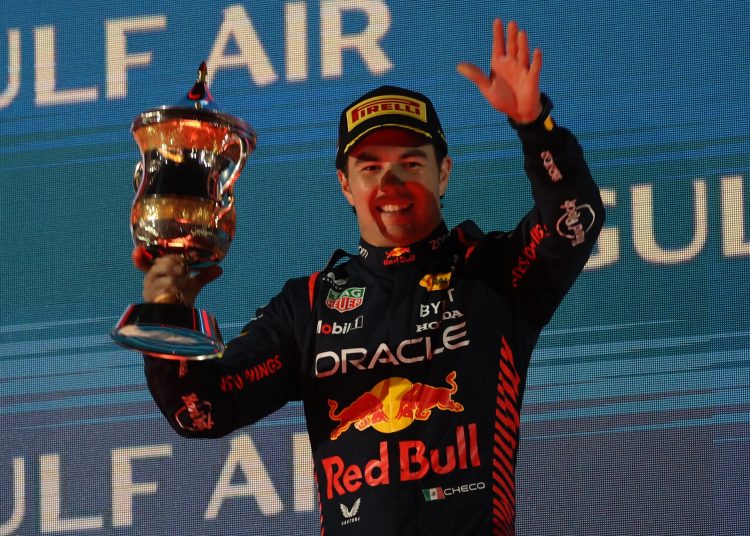 Sakhir (Bahrain), 05/03/2023.- Mexican Formula One driver Sergio Perez of Red Bull Racing celebrates winning the second place at the Formula One Grand Prix of Bahrain at the Bahrain International Circuit in Sakhir, Bahrain, 05 March 2023. (Fórmula Uno, Bahrein) EFE/EPA/Ali Haider