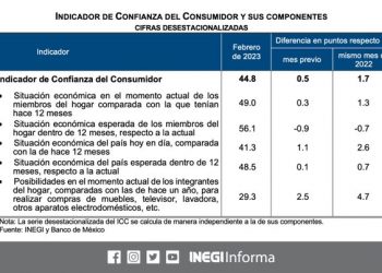 El Indicador de Confianza del Consumidor se ubicó en 44.8 puntos durante febrero 2023