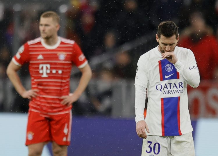 Munich (Germany), 08/03/2023.- Lionel Messi of Paris Saint-Germain reacts during the UEFA Champions League Round of 16, 2nd leg match between Bayern Munich and Paris Saint-Germain in Munich, Germany, 08 March 2023. (Liga de Campeones, Alemania) EFE/EPA/RONALD WITTEK