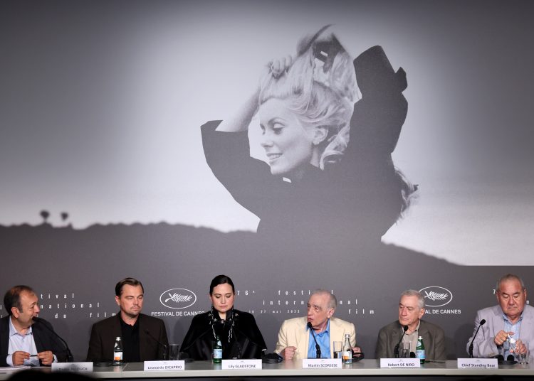 Cannes (France), 21/05/2023.- (L-R) Moderator Didier Allouch, US actor Leonardo DiCaprio, US actress Lily Gladstone, US director Martin Scorsese, US actor Robert De Niro and Osage Nation Principal Chief Geoffrey Standing Bear attend the press conference for 'Killers of the Flower Moon' during the 76th annual Cannes Film Festival, in Cannes, France, 21 May 2023. The movie is presented out of competition of the festival which runs from 16 to 27 May. (Cine, Francia) EFE/EPA/Mohammed Badra / POOL