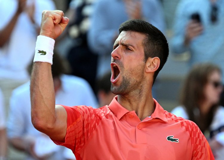 Paris (France), 06/06/2023.- Novak Djokovic of Serbia reacts after winning against Karen Khachanov of Russia in their Men's quarterfinal match during the French Open Grand Slam tennis tournament at Roland Garros in Paris, France, 06 June 2023. (Tenis, Abierto, Abierto, Francia, Rusia) EFE/EPA/CAROLINE BLUMBERG