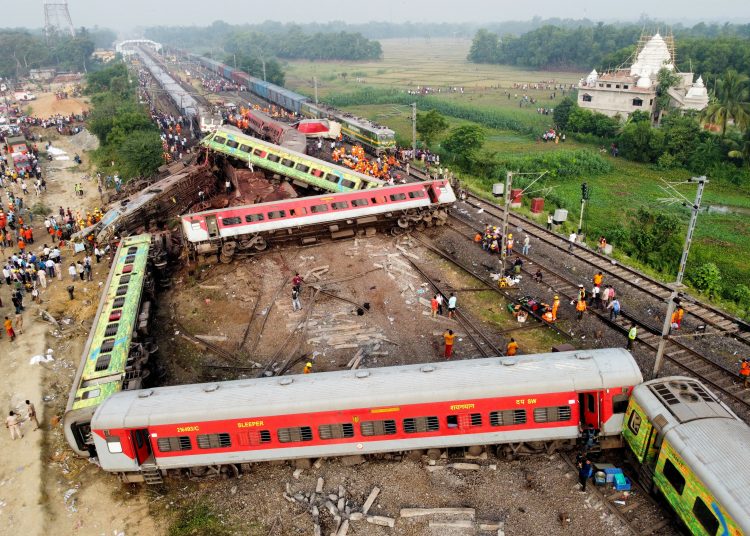 A drone view shows derailed coaches after two passenger trains collided in Balasore district in the eastern state of Odisha, India, June 3, 2023. REUTERS/Stringer NO RESALES. NO ARCHIVES.     TPX IMAGES OF THE DAY