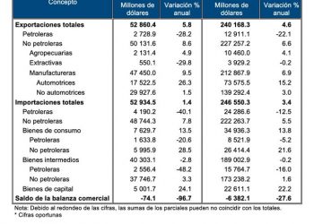 La Información Oportuna de Comercio Exterior registró un déficit comercial de 74.1 mdd