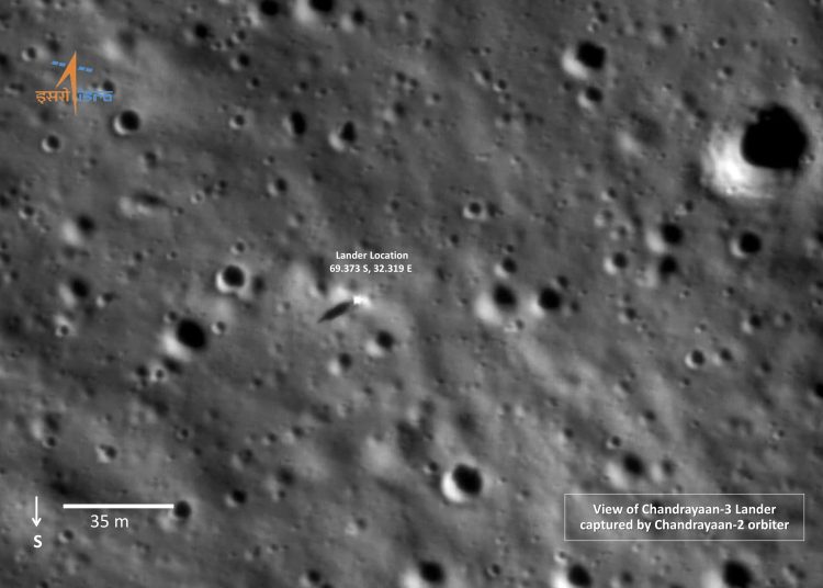 Moon (-), 29/08/2023.- A handout photo made available on 29 August 2023 by the Indian Space Research Organisation (ISRO) shows the view from the Chandrayaan-3 lander captured by the Chandrayaan-2 orbiter, on the Moon. On 23 August 2023 India became the first country to land on the South Pole of the Moon. The Indian prime minister announced that the landing site of the lander Vikram would be known as Shiv Shakti Point. EFE/EPA/ISRO HANDOUT BEST QUALITY AVAILABLE HANDOUT EDITORIAL USE ONLY/NO SALES