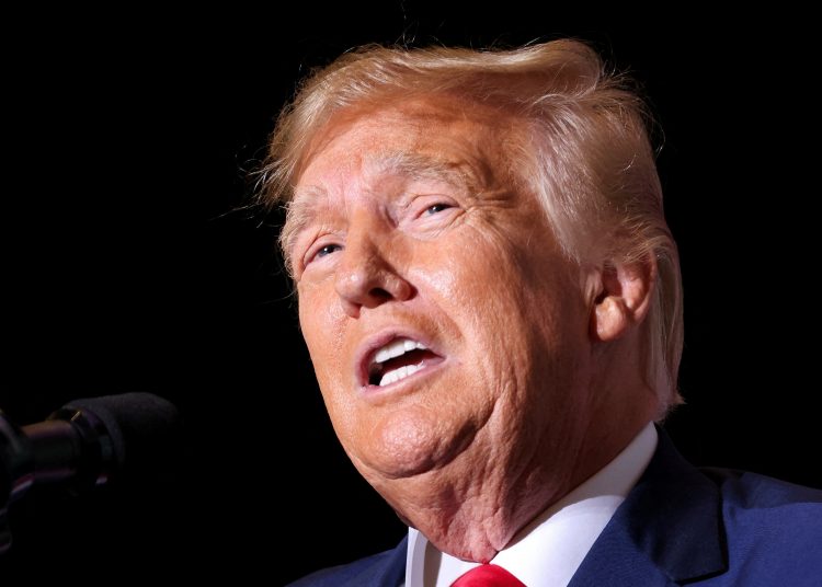 FILE PHOTO: Former U.S. President and Republican presidential candidate Donald Trump speaks at a campaign event in Council Bluffs, Iowa, U.S., July 7, 2023. REUTERS/Scott Morgan/File Photo
