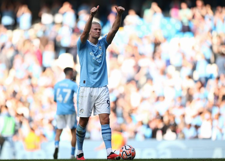 Manchester (United Kingdom), 02/09/2023.- Erling Haaland of Manchester City reacts after the English Premier League soccer match between Manchester City and Fulham FC in Manchester, Britain, 02 September 2023. (Reino Unido) EFE/EPA/ADAM VAUGHAN EDITORIAL USE ONLY. No use with unauthorized audio, video, data, fixture lists, club/league logos or 'live' services. Online in-match use limited to 120 images, no video emulation. No use in betting, games or single club/league/player publications.