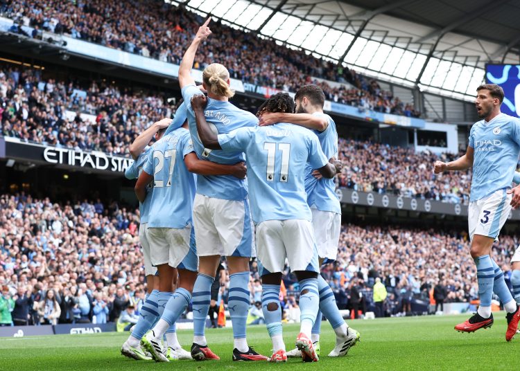Manchester (United Kingdom), 23/09/2023.- Erling Haaland of Manchester City celebrates scoring the 2-0 goal during the English Premier League soccer match between Manchester City and Nottingham Forest in Manchester, Britain, 23 September 2023. (Reino Unido) EFE/EPA/ADAM VAUGHAN EDITORIAL USE ONLY. No use with unauthorized audio, video, data, fixture lists, club/league logos or 'live' services. Online in-match use limited to 120 images, no video emulation. No use in betting, games or single club/league/player publications.