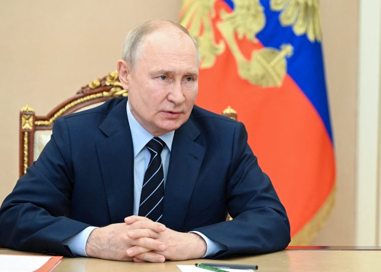 Russian President Vladimir Putin chairs a meeting with members of the Security Council, via video link in Moscow, Russia July 14, 2023.  Sputnik/Alexey Babushkin/Kremlin via REUTERS ATTENTION EDITORS - THIS IMAGE WAS PROVIDED BY A THIRD PARTY.