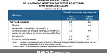 En agosto 2023, el Indicador Mensual de la Actividad Industrial se ubicó en 0.3% mensual