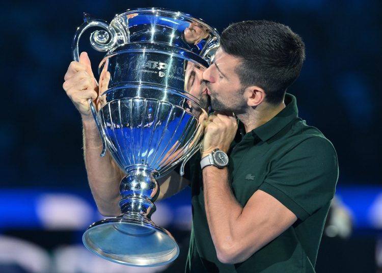 Turin (Italy), 13/11/2023.- Novak Djokovic of Serbia poses with the trophy awarded for the ATP Year-End Number One in the world ranking, during the Nitto ATP Finals 2023 tennis tournament in Turin, Italy, 13 November 2023. (Tenis, Italia) EFE/EPA/Alessandro Di Marco
