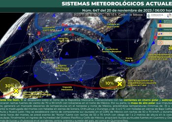 Se esperan lluvias puntuales fuertes en Guerrero y Oaxaca y rachas fuertes de viento en Baja California, Sonora, Chihuahua, Durango y Coahuila
